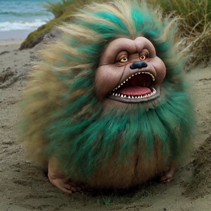fizzgig, (purple haired fizzgig) mouth closed, at the beach, foliage, <lora:Fizzgig_Dark_Crystal-000011:1>