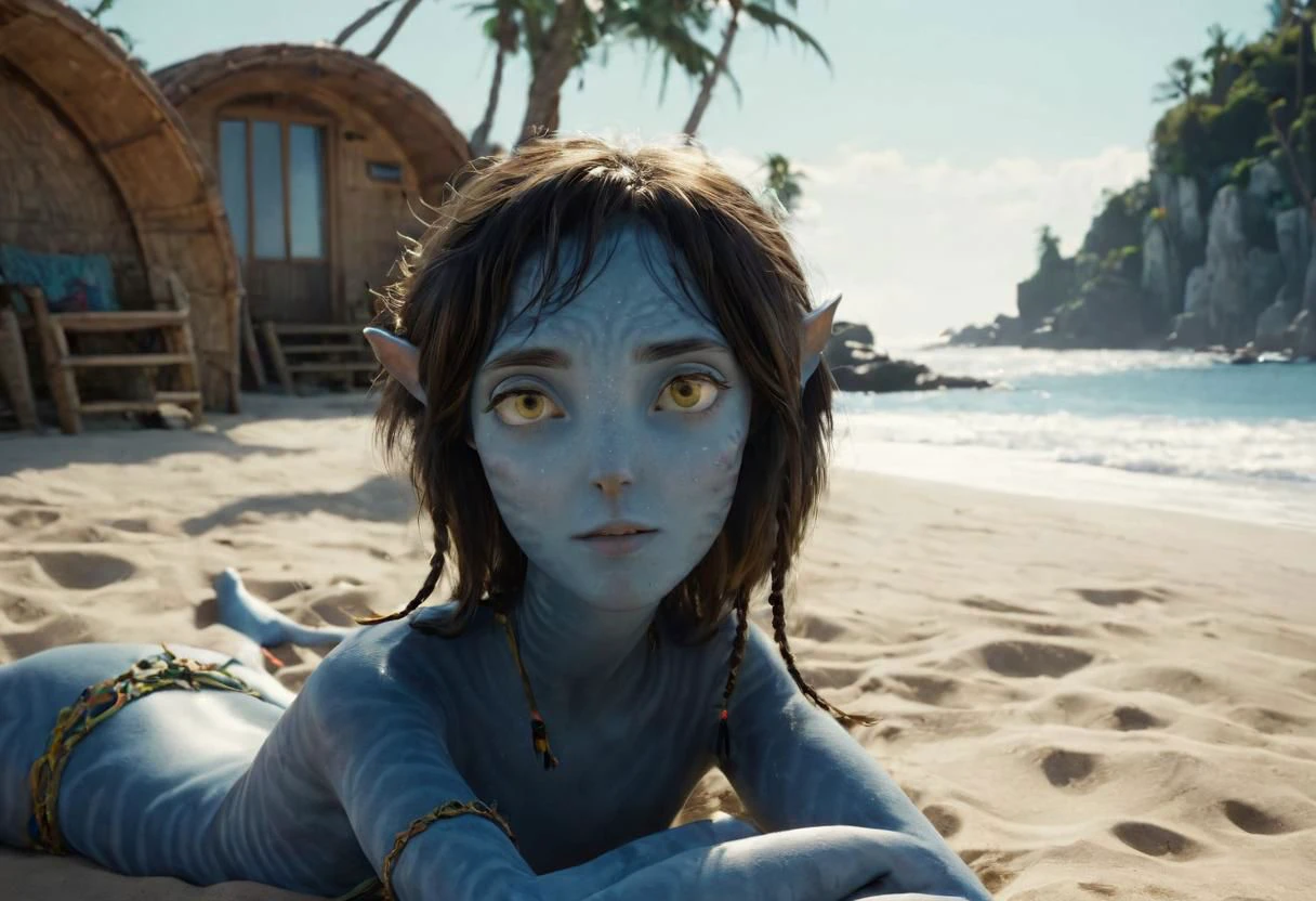 Kiri suntanning on her (side), on beach sand, hand under head, [[closeup]], along, big eyes wide open, (looking at viewer), seaside, huts and trees and (sea with (high surf)) on background, symmetrical eyes, symmetrical pupils, SK_CINEMATIC