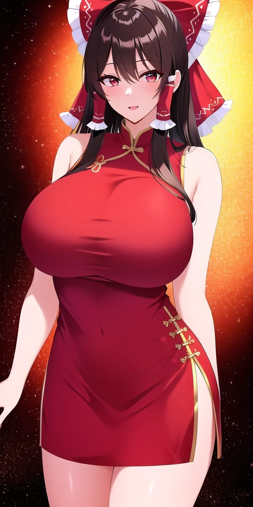 <lora:ReimuV3:0.7> hakureireimu, huge_breasts, standing, solo, china_dress, starry_sky,, masterpiece, best quality, detailed face, detailed eyes, highres,