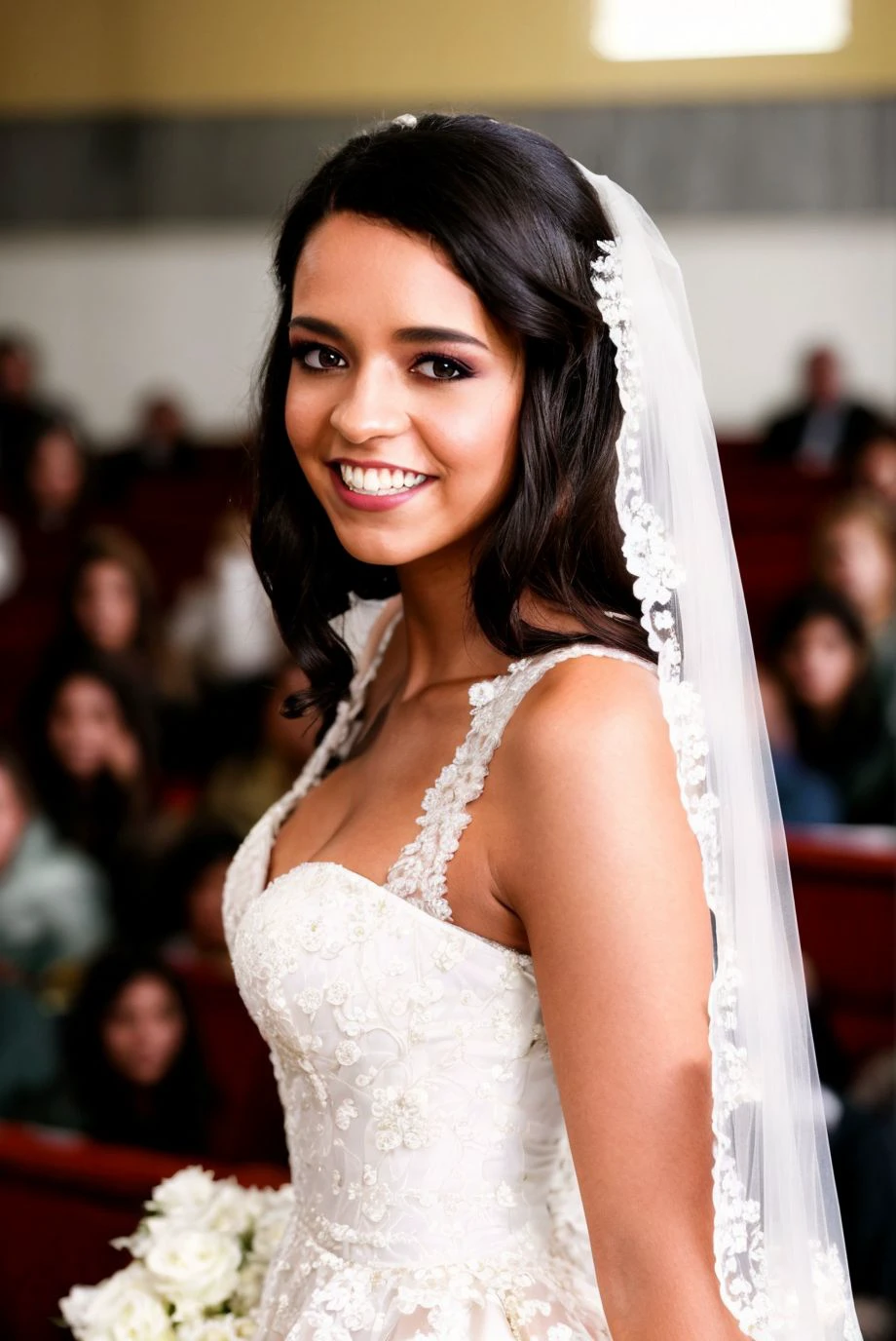 A stunning intricate full color portrait of a beautiful woman wearing a white wedding gown with a veil,in a crowded university lecture hall in Canada,smile, epic character composition,by ilya kuvshinov, alessio albi, nina masic,sharp focus, subsurface scattering, f2, 35mm, film grain ,latina <lora:viennabl:1>