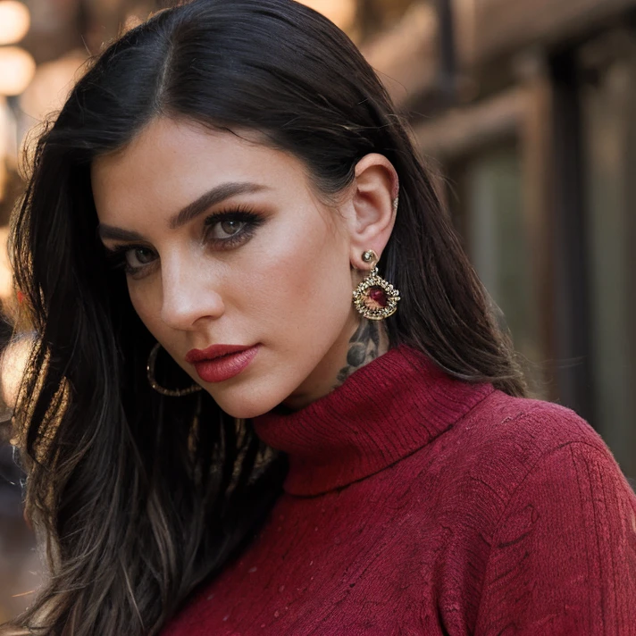 (masterpiece:1.2), (best quality,:1.2), 8k, HDR, ultra detailed, ((photorealistic)), professional light, cinematic lighting, fashion photography, ambient lighting, face lighting, Melissa, <lora:Melissa-10:1>, earrings, choker, dark makeup, lipstick, long and wild and messy hair,  ((portrait shot)), dynamic pose, <lora:detail_slider_v4:2>, OverallDetail, fhanddetail:1.4, ffacedetail:1.4, skindetail, hairdetail, looking at viewer, epiCPhoto, turtleneck pullover, tattoos