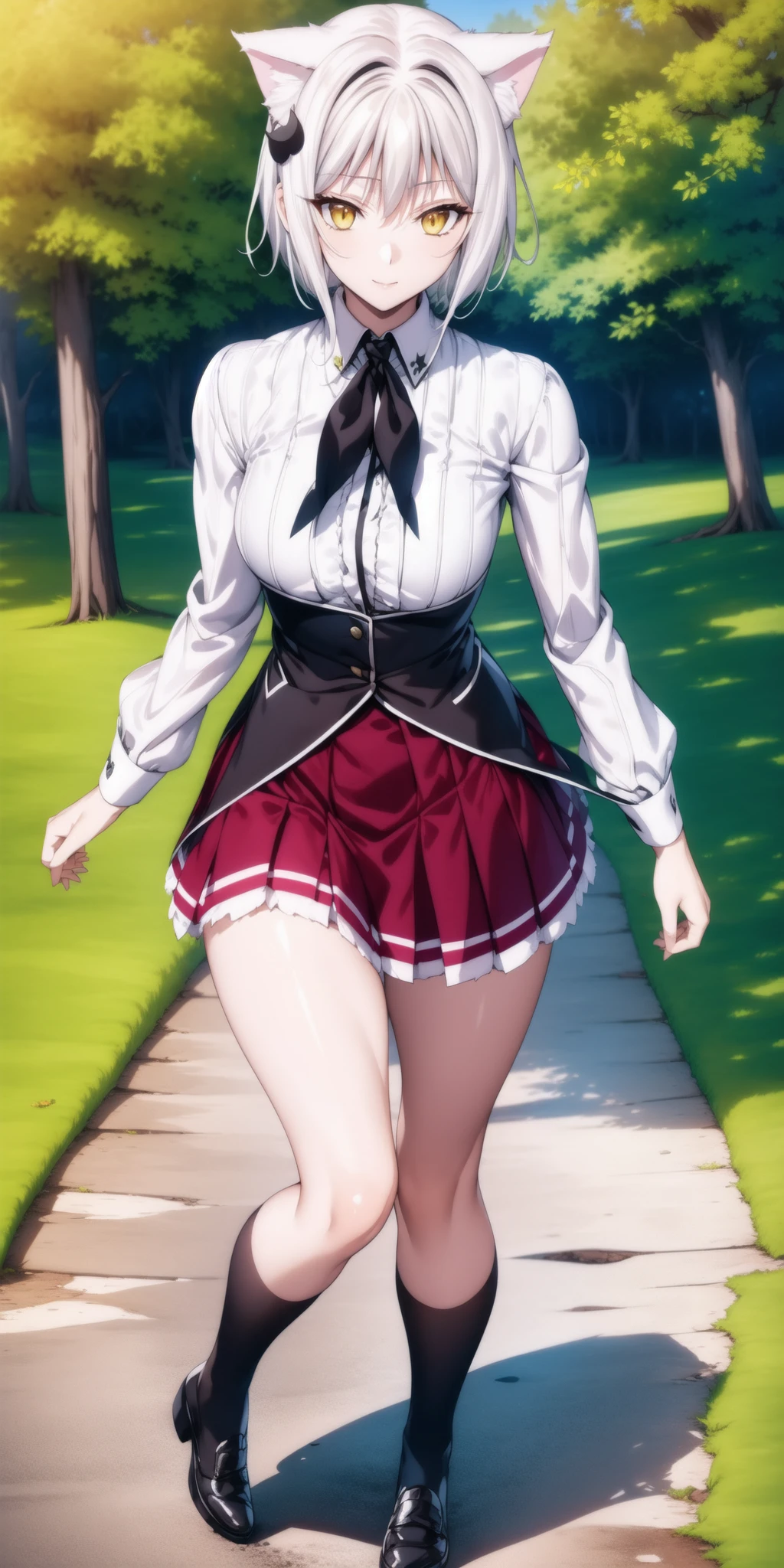koneko, 1girl, solo, breasts, looking at viewer, smile, short hair, bangs, skirt, shirt, hair ornament, long sleeves, animal ears, hair between eyes, standing, full body, (yellow eyes:1.2), white shirt, white hair, pleated skirt, collared shirt, cat ears, kneehighs, red skirt, loafers, (hair ornament:1.1), neckerchief, black neckerchief, black corset, outdoors, park, tree, grass, (masterpiece:1.2), best quality, high resolution, unity 8k wallpaper,  (beautiful detailed eyes:1.2), extremely detailed face, perfect lighting, extremely detailed CG, (perfect hands, perfect anatomy),  <lora:Koneko_Toujo:0.9>
