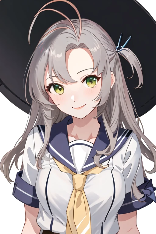 best quality, masterpiece, highres, solo, {kinugasa_kantaicollection:1.15}, green_eyes, grey_hair, antenna_hair, long_hair, breasts, smile, hair_tie, 1girl, one_side_up, sailor_collar, school_uniform, serafuku, simple_background, looking_at_viewer, upper_body, white_background, ahoge, blue_sailor_collar, necktie, yellow_necktie