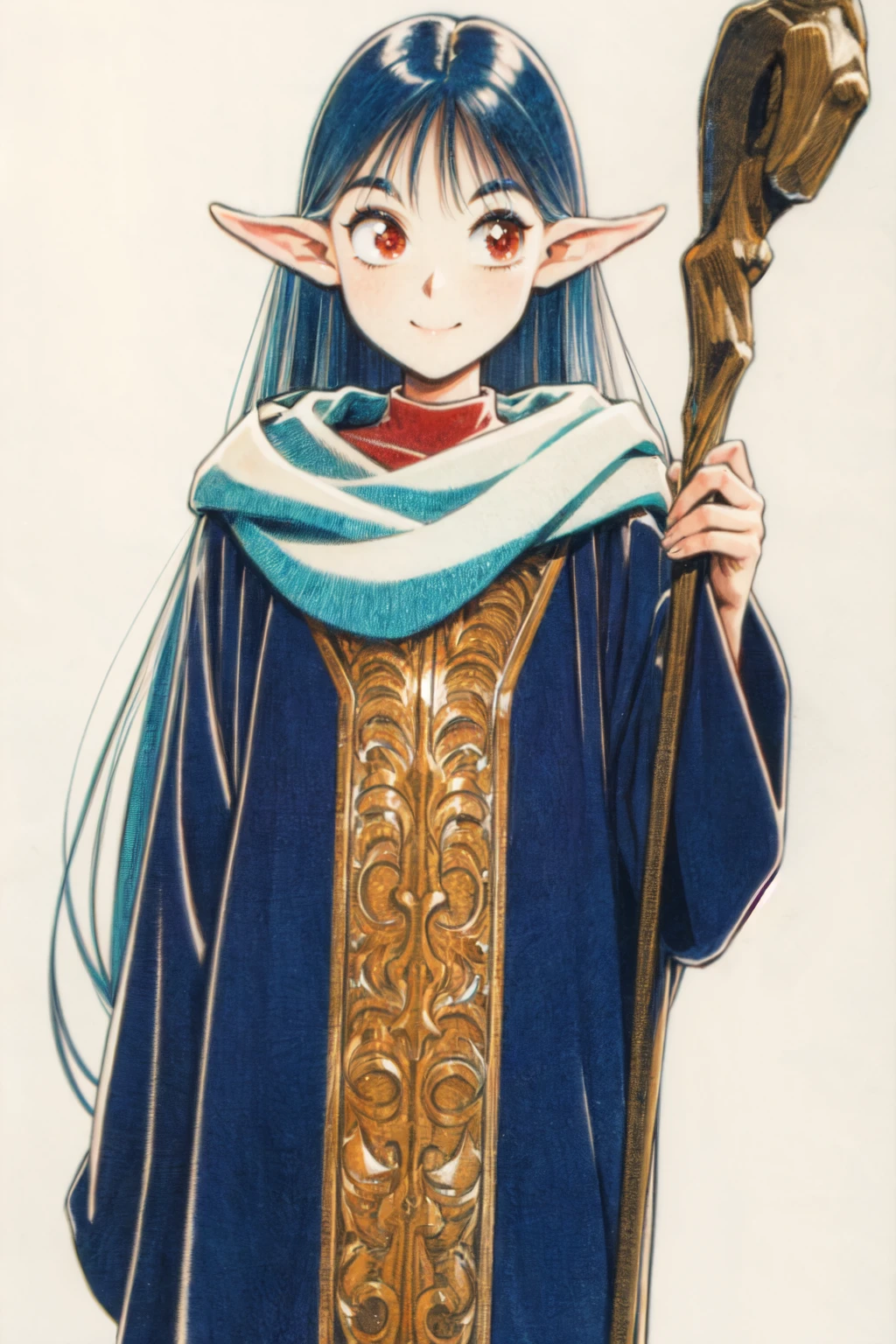 sarasf, 1girl, solo, robe, staff, smile, holding staff, cowboy shot, 1990s (style), retro artstyle, closed mouth <lora:sarasf_V2-10:0.7>