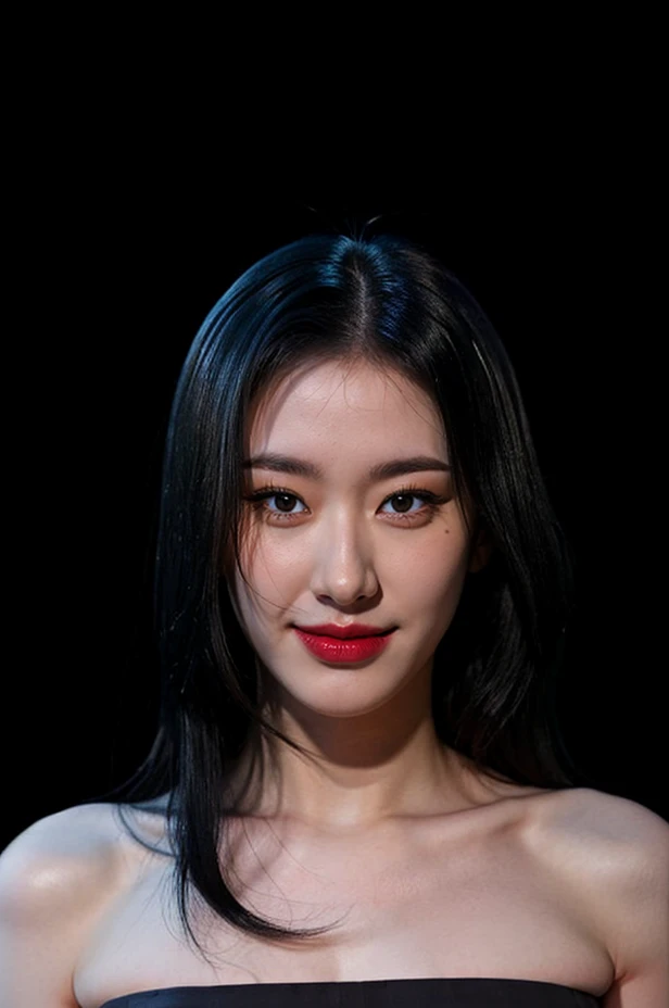 Best quality, masterpiece, ultra high res, (photorealistic:1.4), (extremely detailed eyes), ((strapless)), raw photo, covered chest, 1girl, solo, realistic, (looking at viewer), upper body, (((plain pitch black background:1.5))), bare shoulders, smile, (((long full black hair))), <lora:chaeryeonglorashyv1_5:0.75>