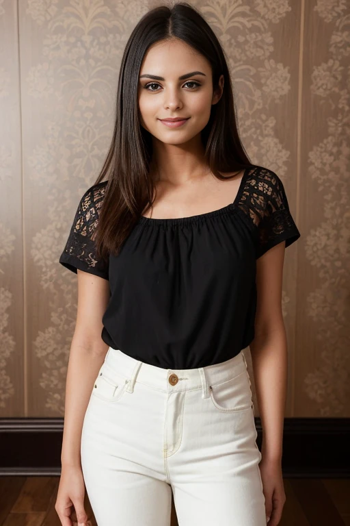 SolM1rTTXV1D,
a woman in white-colored pants and black-colored top posing for a picture in a room with a damask-pattern wall and hardwood floor, (black top),
(professional photo shooting), (high buget photo), (extremely detailed face), (flawless skin), (model pose), (make-up),
(natural light), (high quality photography), (promottional image), (intricate details), (8k), (HDR), (sharp focus), (medium view)