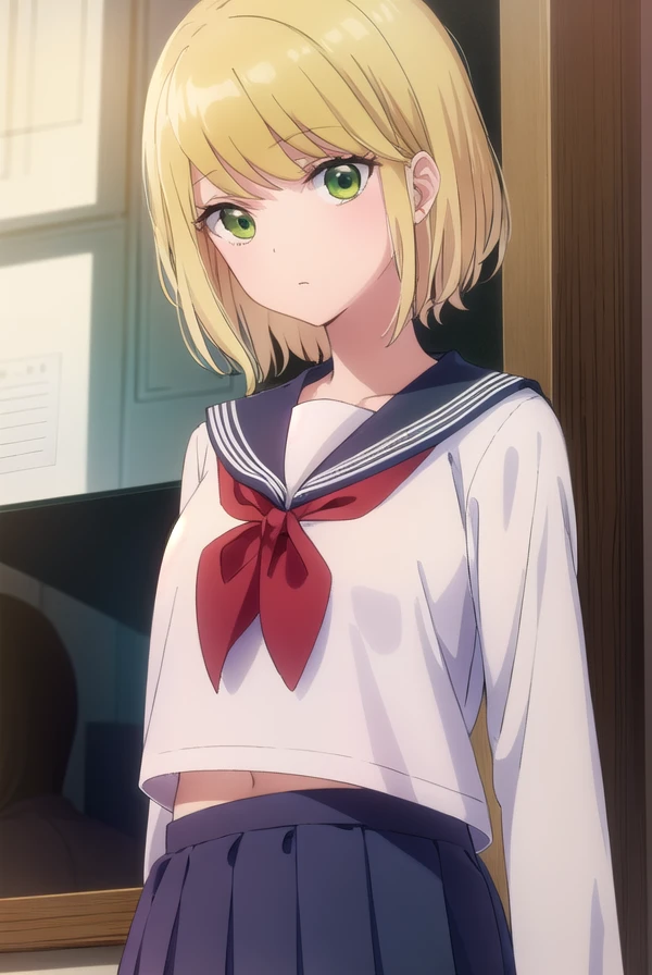 desumimagahara, <lora:desumi magahara s1-lora-nochekaiser:1>,
desumi magahara, short hair, blonde hair, (green eyes:1.3),
BREAK skirt, long sleeves, school uniform, pleated skirt, serafuku, sailor collar, neckerchief, red neckerchief,
BREAK indoors, classroom,
BREAK looking at viewer, (cowboy shot:1.5),
BREAK <lyco:GoodHands-beta2:1>, (masterpiece:1.2), best quality, high resolution, unity 8k wallpaper, (illustration:0.8), (beautiful detailed eyes:1.6), extremely detailed face, perfect lighting, extremely detailed CG, (perfect hands, perfect anatomy),