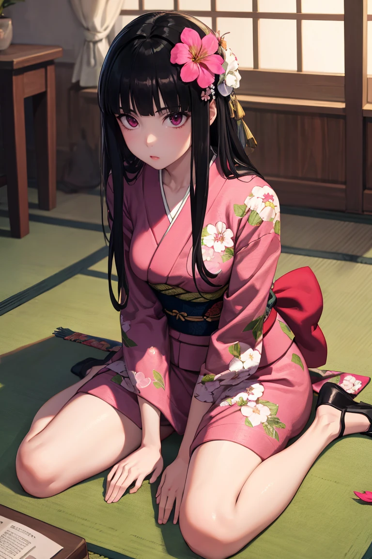 masterpiece, best quality, absurdres, 1girl, solo, Oryou, indoors, kimono, hair flower, floral print, wariza, sitting, hands on own knees, <lora:CHAR-Oryou:1>