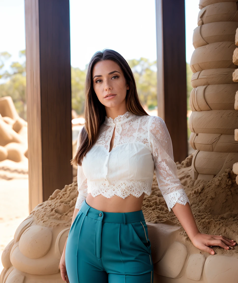 cinematic photo , lens flare, realistic, depth of field, RAW photo, <lora:quiron_Eva Lovia_v1_lora:0.77> EvaLoviaQuiron woman,  . 35mm photograph, film, bokeh, professional, 4k, highly detailed, realistic,  a woman Sandcastle building wearing Lace blouse and Straight-leg pants: Pants with a straight, uniform width from hips to hem.,