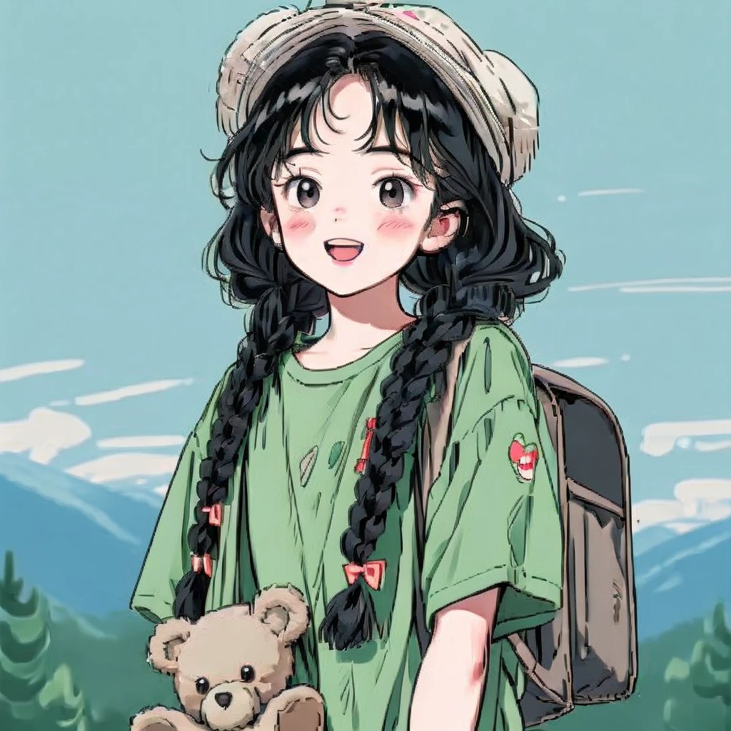 1girl,black hair,solo,bag,shirt,smile,hat,backpack,braid,black eyes,stuffed toy,open mouth,twin braids,teddy bear,looking at viewer,stuffed animal,long hair,green shirt,blush,short sleeves,print shirt,<lora:Xian-Tæé¨ä¿®å¤loraï¼ä¸ç¨controlnetä¹ä¸åæäºï¼_v3.0:1>,<lora:FlattenV4.0:0.7>,