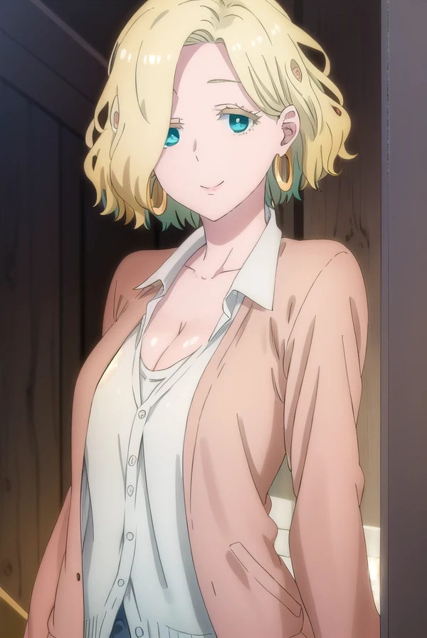 ferrisolston, <lora:ferris olston s1-lora-nochekaiser:1>,
ferris olston, short hair, blonde hair, (green eyes:1.3), mature female, smile,
BREAK shirt, cleavage, jewelry, collarbone, jacket, white shirt, earrings, collared shirt, brown jacket, hoop earrings,
BREAK indoors,
BREAK looking at viewer, (cowboy shot:1.5),
BREAK <lyco:GoodHands-beta2:1>, (masterpiece:1.2), best quality, high resolution, unity 8k wallpaper, (illustration:0.8), (beautiful detailed eyes:1.6), extremely detailed face, perfect lighting, extremely detailed CG, (perfect hands, perfect anatomy),