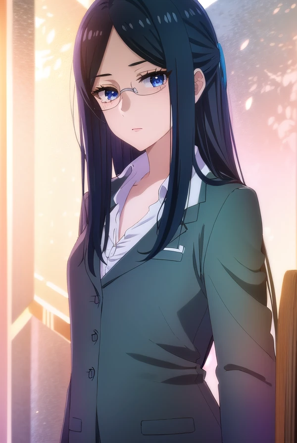 misakigundou, <lora:misaki gundou s1-lora-nochekaiser:1>,
misaki gundou, long hair, blue eyes, black hair, glasses, mole, mole under eye, lips, mature female, (parted bangs:1.5),
BREAK formal, suit, office lady,
BREAK indoors,
BREAK looking at viewer, (cowboy shot:1.5),
BREAK <lyco:GoodHands-beta2:1>, (masterpiece:1.2), best quality, high resolution, unity 8k wallpaper, (illustration:0.8), (beautiful detailed eyes:1.6), extremely detailed face, perfect lighting, extremely detailed CG, (perfect hands, perfect anatomy),