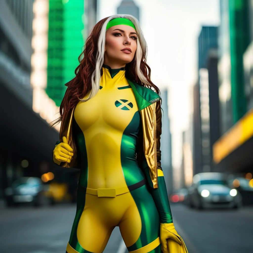 Rogue1024, a woman, portrait, wears a yellow and green superhero suit and a jacket, cyberpunk city background, highly detailed,  photography, ultra sharp, film, professional, 64k  <lora:add-detail-xl:1.5> <lora:Rogue1024:0.8>