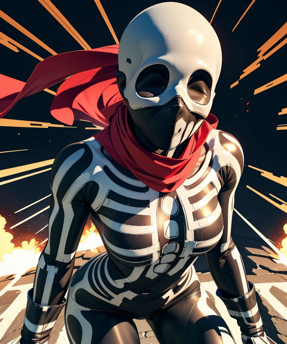 Skullomania,skeleton print bodysuit,skin tight,long red scarf,mask,
hips,toned,
standing,explosion,
(insanely detailed, beautiful detailed face, masterpiece, best quality),solo,<lora:Skullomania-10KOFEX:0.9>,