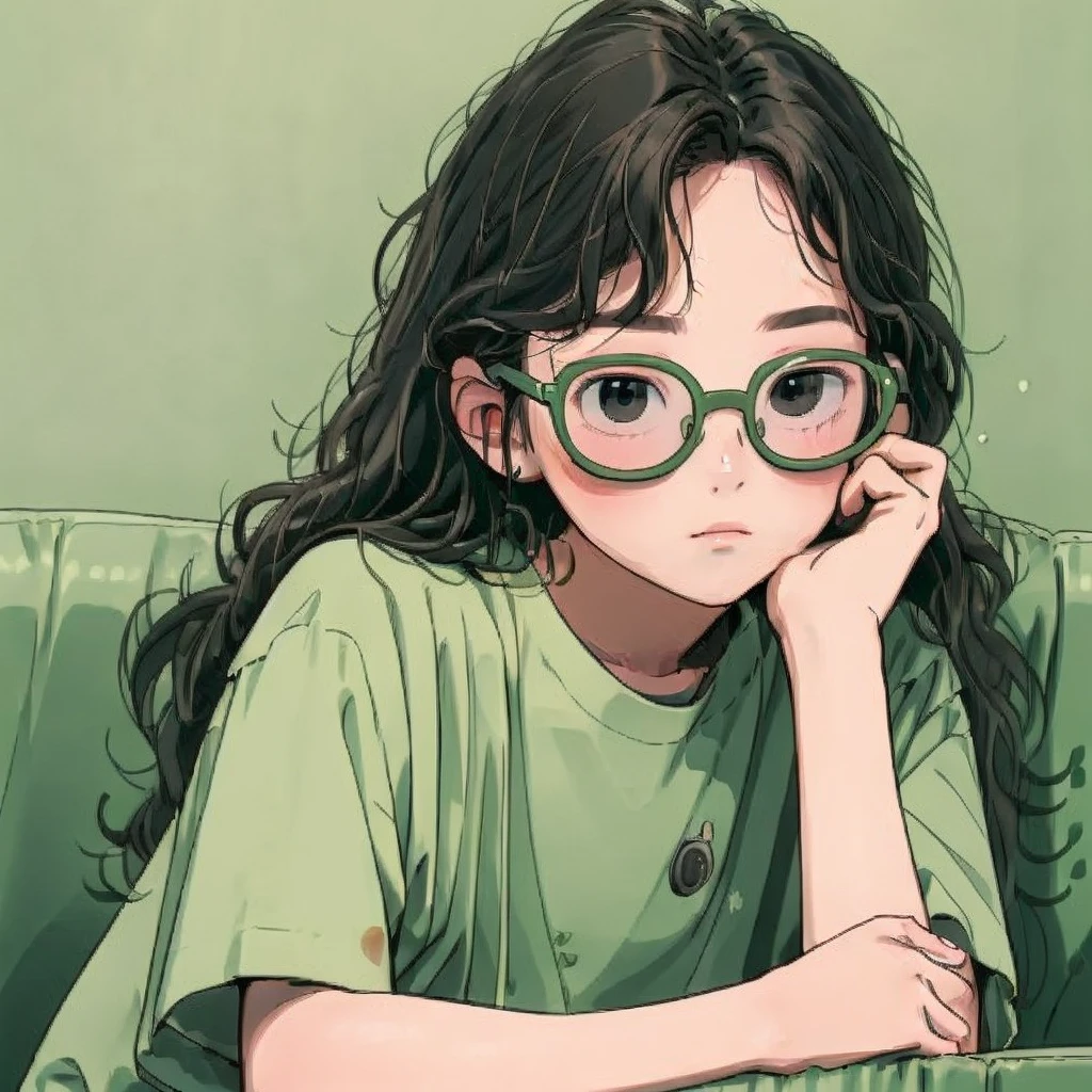 1girl, solo, black hair, green-framed eyewear, looking at viewer, glasses, black eyes, couch, long hair, shirt, blush, short sleeves, upper body,<lora:Xian-Tæé¨ä¿®å¤loraï¼ä¸ç¨controlnetä¹ä¸åæäºï¼_v3.0:1>,<lora:FlattenV4.0:0.7>,no hand