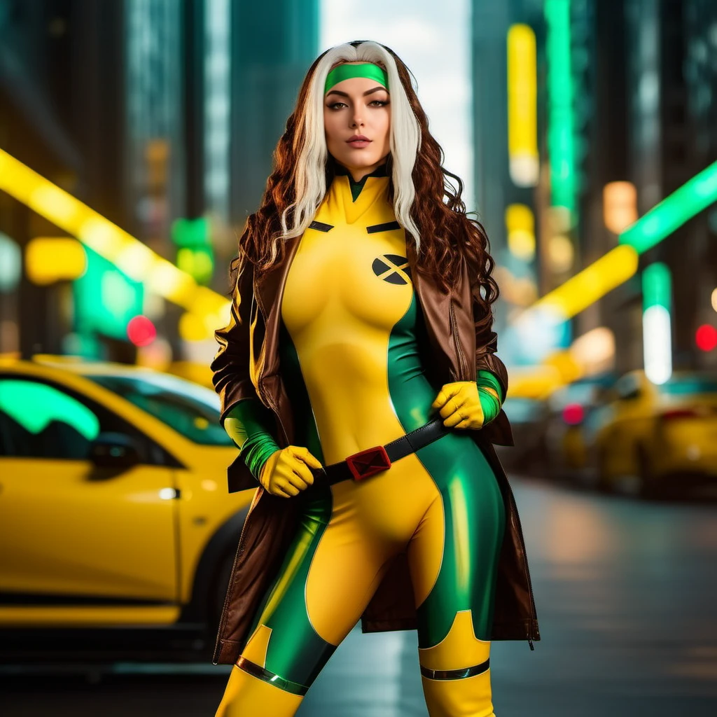 Rogue1024, a woman full body,  wears a yellow and green superhero suit and a jacket, cyberpunk city background, highly detailed,  photography, ultra sharp, film, professional, 64k  <lora:add-detail-xl:1.5> <lora:Rogue1024:0.8>