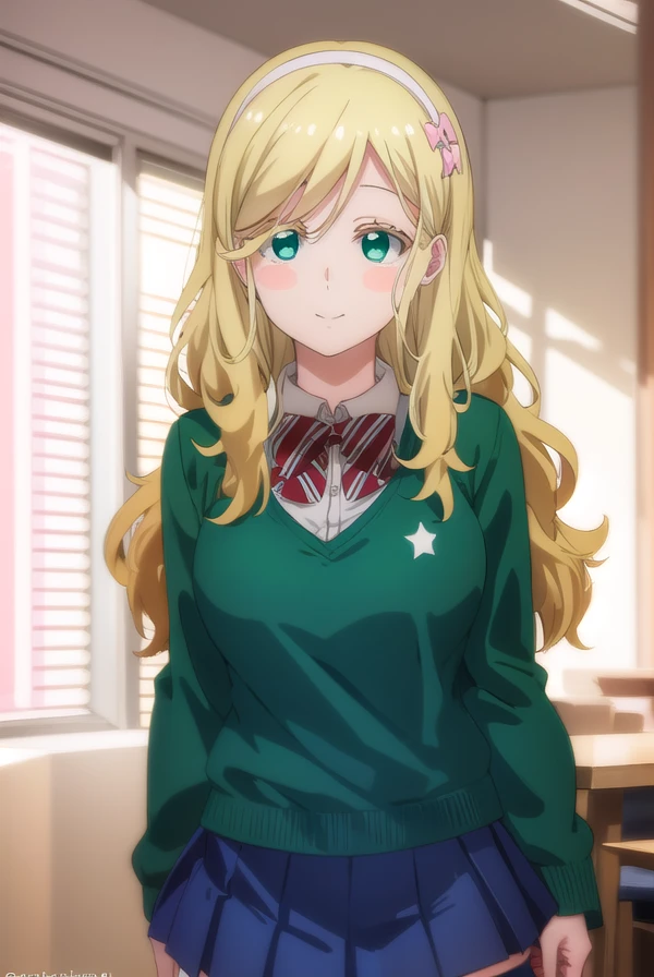 carololston, <lora:carol olston s1-lora-nochekaiser:1>,
carol olston, long hair, blonde hair, (green eyes:1.3), bow, hairband, bowtie, blush stickers, smile,
BREAK skirt, thighhighs, school uniform, pleated skirt, sweater, white thighhighs, zettai ryouiki, pink sweater, pink cardigan,
BREAK indoors,
BREAK looking at viewer, (cowboy shot:1.5),
BREAK <lyco:GoodHands-beta2:1>, (masterpiece:1.2), best quality, high resolution, unity 8k wallpaper, (illustration:0.8), (beautiful detailed eyes:1.6), extremely detailed face, perfect lighting, extremely detailed CG, (perfect hands, perfect anatomy),