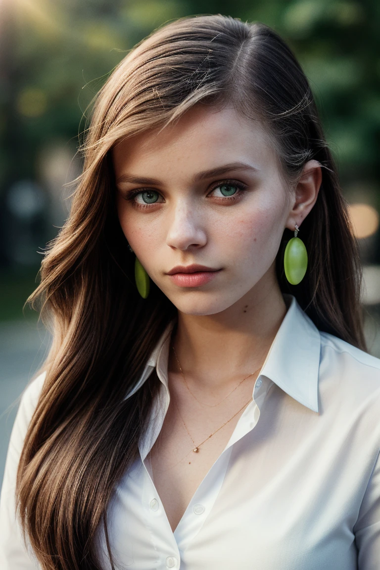 photo of (abb3yl33:0.99), a beautiful woman, (closeup portrait), perfect hair, (modern photo, Lime Green meiji schoolgirl uniform), 24mm, (analog, cinematic, film grain:1.3), (plain Bisque background, gradient, lens flare:1.2), detailed eyes, (seductive pose), (epicPhoto), (looking at viewer), (cinematic shot:1.3), earrings