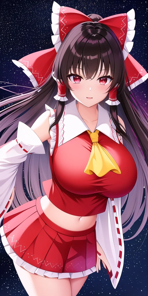 <lora:ReimuV2:0.7> hakureireimu, huge_breasts, standing, solo, nontraditional_miko_Yellow_ascot_Red_crop_top_Collared_shirt_Detached_sleeves_Ribbon_trim_Red_miniskirt_white_thighhighs, starry_sky,, masterpiece, best quality, detailed face, detailed eyes, highres,