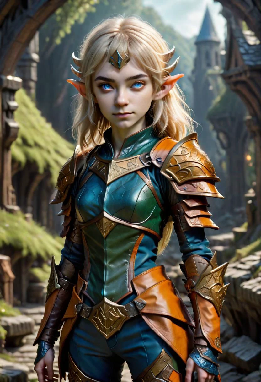 photo of pale (Age 19) female (halfling:1.75), flat chested, rectangle body shape, shaggy blonde, middle part, blue eyes, (F41Arm0rXL orange/green druidic leather armor and pants), homely, tiny, petite, thin, toned, lithe, full body, outdoors, HDR