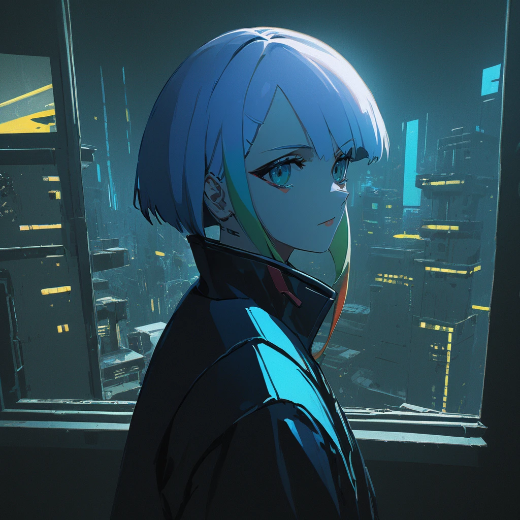 A masterpiece digital art, high resolution, anime style, 4k wallpaper, a head portrait of Lucyna in her apartment, cyberpunk vibe <lora:lucy_xl-000027:1>