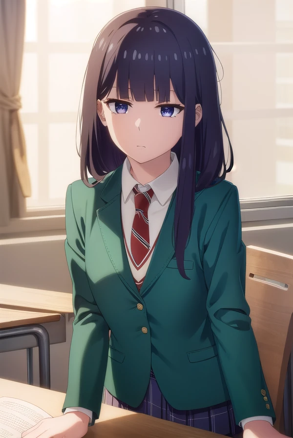 misuzugundou, <lora:misuzu gundou s1-lora-nochekaiser:1>,
misuzu gundou, long hair, bangs, black hair, blunt bangs, (purple eyes:1.1),
BREAK shirt, long sleeves, school uniform, jacket, necktie, blazer, red necktie, striped, striped necktie, (green blazer:1.5),
BREAK indoors, classroom,
BREAK looking at viewer, (cowboy shot:1.5),
BREAK <lyco:GoodHands-beta2:1>, (masterpiece:1.2), best quality, high resolution, unity 8k wallpaper, (illustration:0.8), (beautiful detailed eyes:1.6), extremely detailed face, perfect lighting, extremely detailed CG, (perfect hands, perfect anatomy),