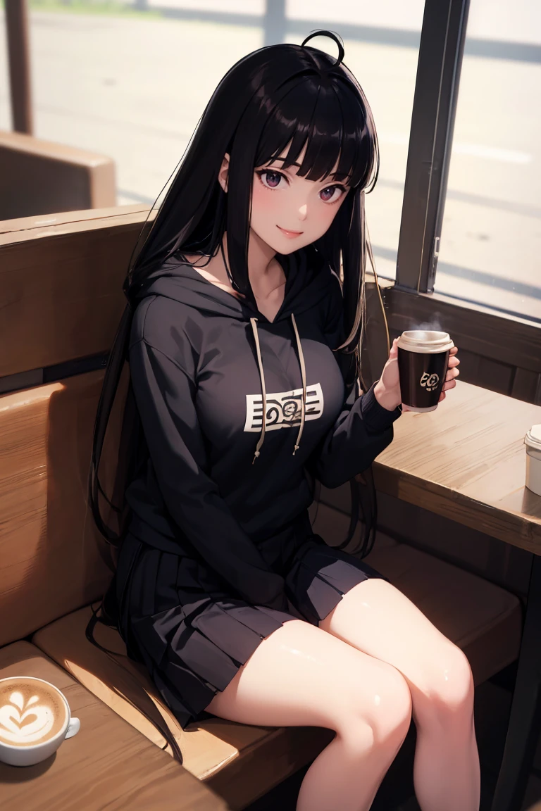 masterpiece, best quality, absurdres, 1girl, solo, Oryou, sitting, coffee shop, hoodie, pleated skirt, smile, <lora:CHAR-Oryou:1>
