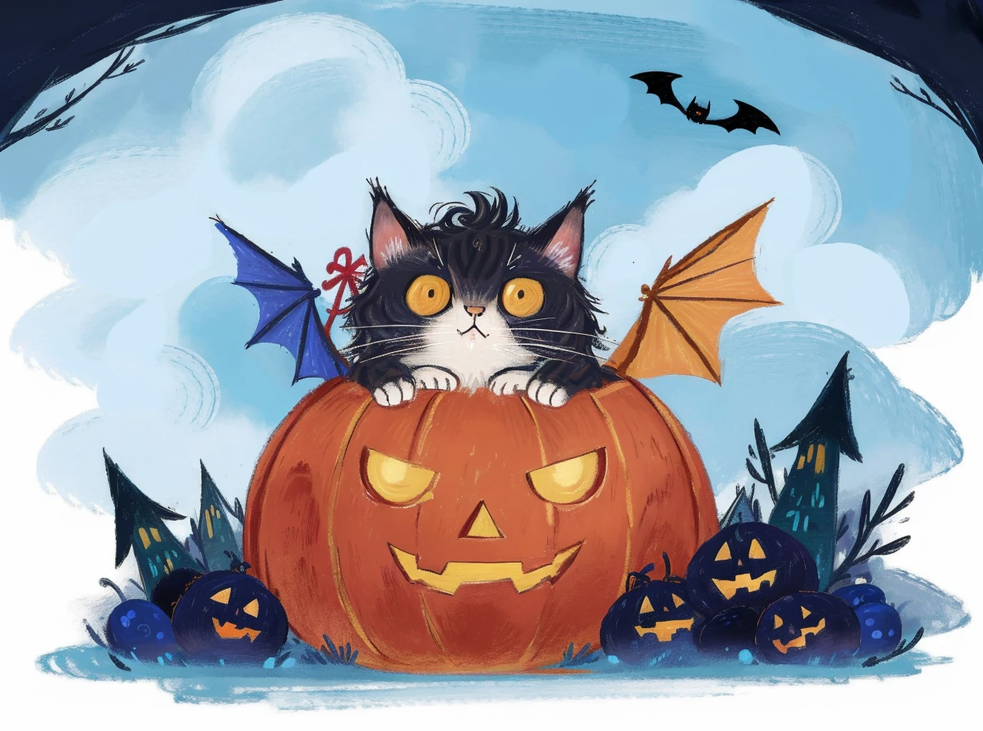 best quality,masterpiece,ultra high res,*****paiting,1 cute cat,solo,crayon drawing,
cloud,cloudy sky,outdoors,surreal,halloween,bat,terrible,gloomy,the dark forest,