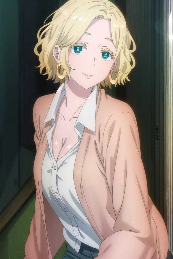 ferrisolston, <lora:ferris olston s1-lora-nochekaiser:1>,
ferris olston, short hair, blonde hair, (green eyes:1.3), mature female, smile,
BREAK shirt, cleavage, jewelry, collarbone, jacket, white shirt, earrings, collared shirt, brown jacket, hoop earrings,
BREAK indoors,
BREAK looking at viewer, (cowboy shot:1.5),
BREAK <lyco:GoodHands-beta2:1>, (masterpiece:1.2), best quality, high resolution, unity 8k wallpaper, (illustration:0.8), (beautiful detailed eyes:1.6), extremely detailed face, perfect lighting, extremely detailed CG, (perfect hands, perfect anatomy),