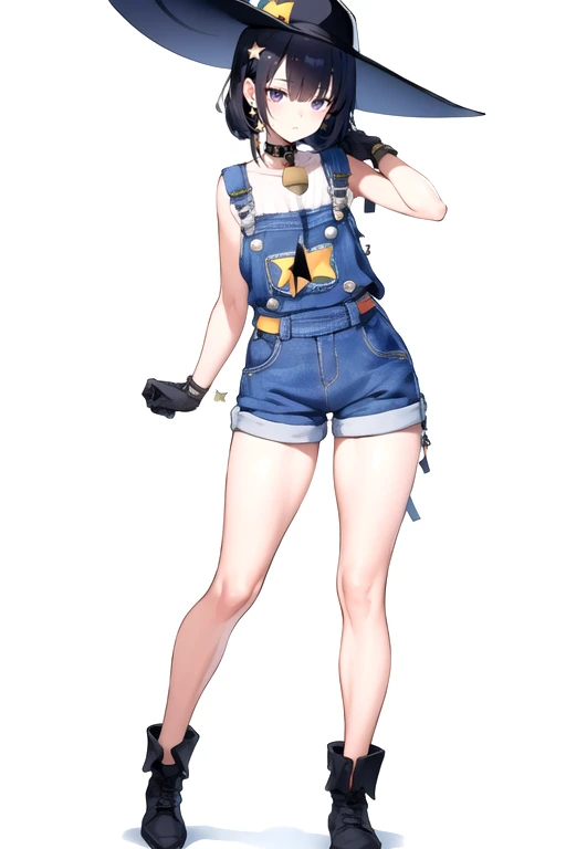 masterpiece,best quality,extreme detail,8k,((solo)),<lora:nikke-10 (1):0.8>,nikke,white background,full body,overalls,neck_bell,bandage,gloves,star_earrings,hat_over_one_eye,