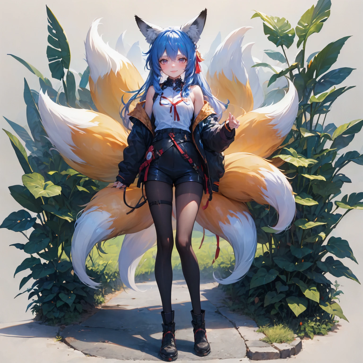 highres. detailed. masterpiece. best quality. clear image. hd. 8k image. light particles. intricate details. 1girl. solo. tattoo all over the body. furry. kitsune feet. fluffy tails grow from the coccyx. with fluffy kitsune ears. teenager. toned body. graceful. ((slender. slim. skinny)). ((cute)). short and spiky cyan hair. happy. kawaii. blushes. slightly open mouth. fangs, black shorts and a cyan crop-top