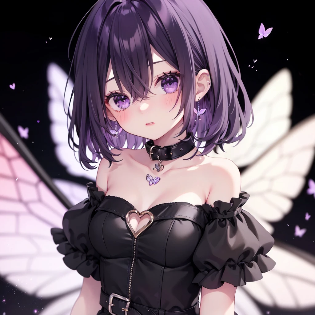 1girl,butterfly,bug,wings,solo,jewelry,looking at viewer,earrings,purple eyes,collar,bare shoulders,hair between eyes,bangs,upper body,collarbone,off shoulder,black hair,black background,buckle,medium hair,blush,purple hair,heart,dress,blurry,off-shoulder dress,off-shoulder shirt,