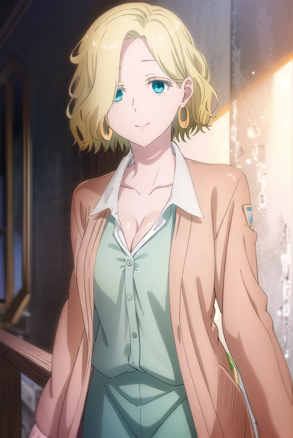 ferrisolston, <lora:ferris olston s1-lora-nochekaiser:1>,
ferris olston, short hair, blonde hair, (green eyes:1.3), mature female, smile,
BREAK shirt, cleavage, jewelry, collarbone, jacket, white shirt, earrings, collared shirt, brown jacket, hoop earrings,
BREAK indoors,
BREAK looking at viewer, (cowboy shot:1.5),
BREAK <lyco:GoodHands-beta2:1>, (masterpiece:1.2), best quality, high resolution, unity 8k wallpaper, (illustration:0.8), (beautiful detailed eyes:1.6), extremely detailed face, perfect lighting, extremely detailed CG, (perfect hands, perfect anatomy),