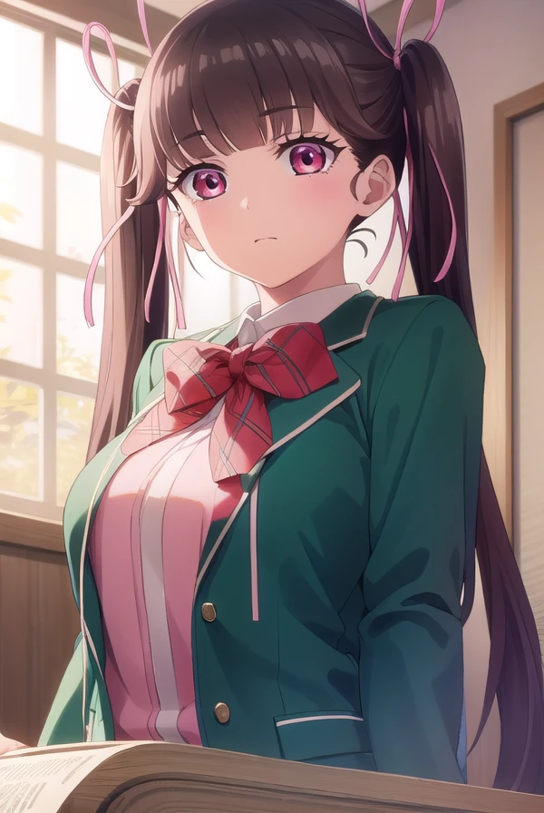 haruarisugawa, <lora:haru arisugawa s1-lora-nochekaiser:1>,
haru arisugawa, long hair, brown hair, ribbon, twintails, hair ribbon, (pink eyes:1.3),
BREAK bow, school uniform, jacket, green jacket,
BREAK indoors, classroom,
BREAK looking at viewer, (cowboy shot:1.5),
BREAK <lyco:GoodHands-beta2:1>, (masterpiece:1.2), best quality, high resolution, unity 8k wallpaper, (illustration:0.8), (beautiful detailed eyes:1.6), extremely detailed face, perfect lighting, extremely detailed CG, (perfect hands, perfect anatomy),