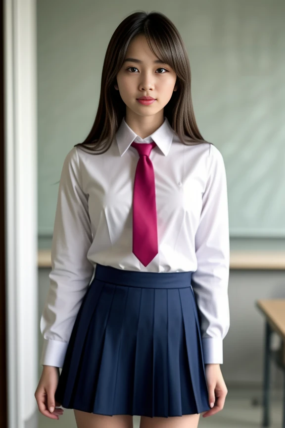 <lora:White_Blue_SchoolDress_By_Stable_Yogi:1> school uniform, white shirt, red tie, blue pleated microskirt