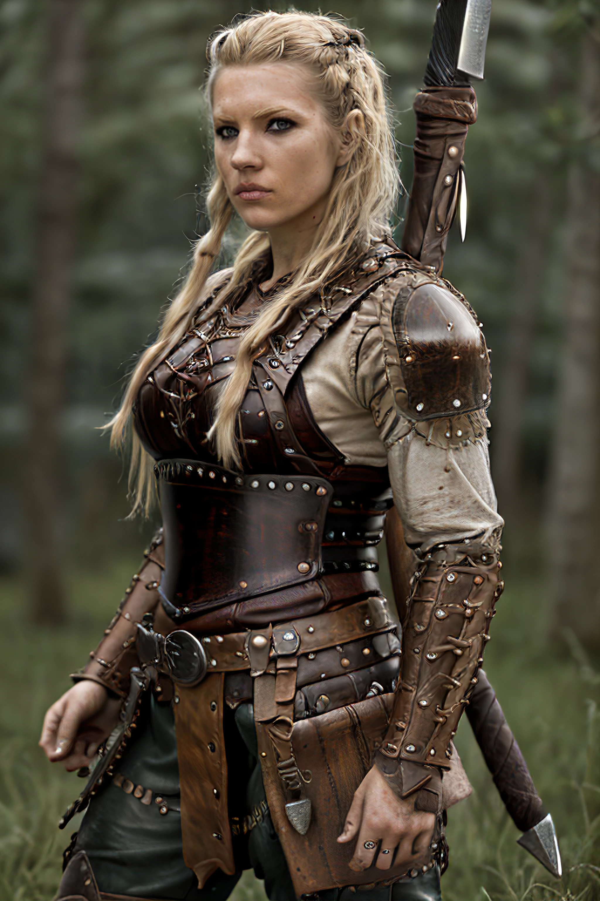 k4th3rynw, face,1girl, l4g3rth4, viking warrior,full body, leather armor, axe weapon, wooden shield