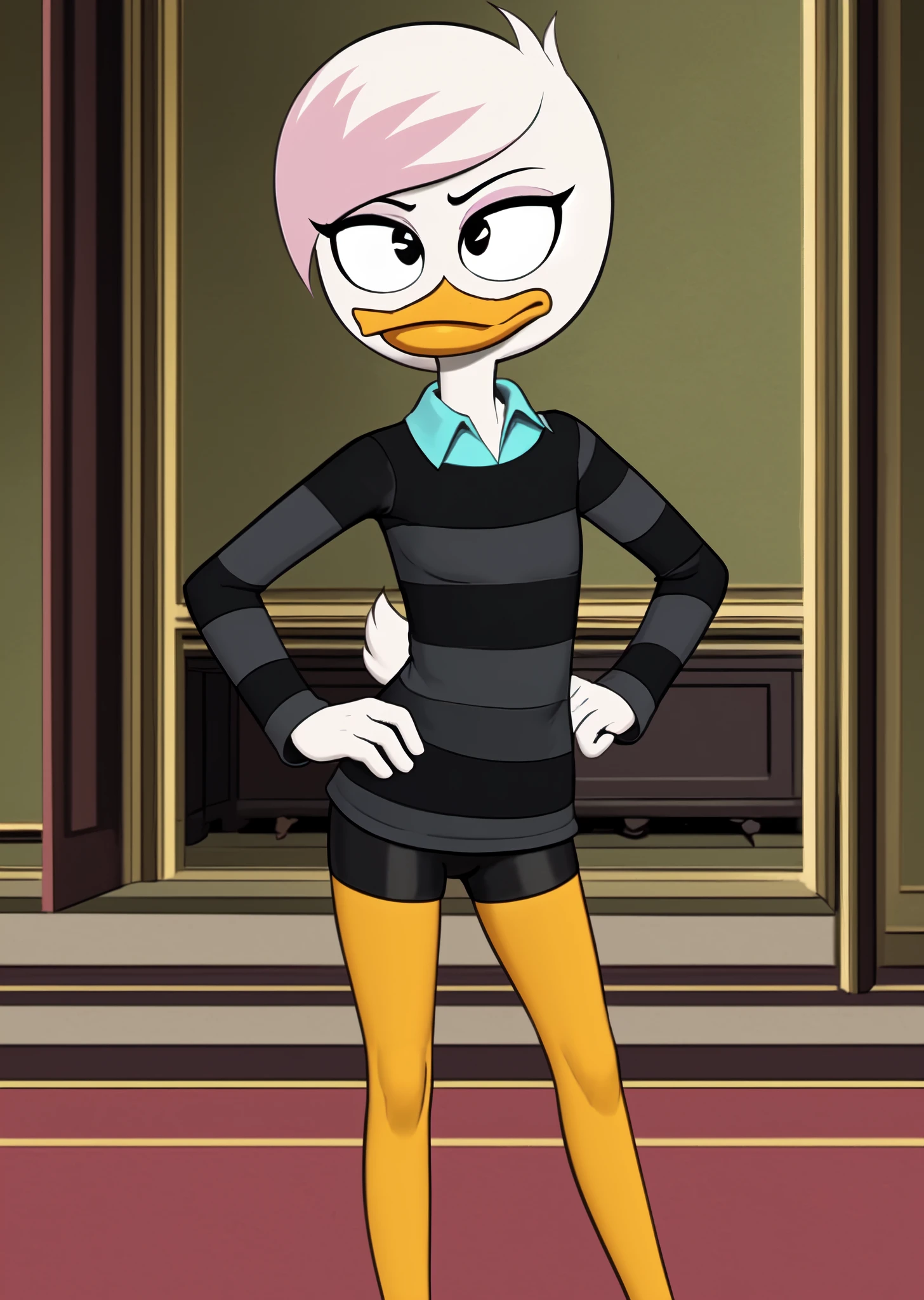 (by drockdraw:1.2) (by chelodoy:1) (by ashraely:1) (ducktales:1.2) lena sabrewing, white skin, white hair, pink highlights, (clothed, fully clothed, long sleeves, baggy topwear, dark clothing, striped sweater, dark stripes:1.2) (teal dress shirt) orange legs:1.2, black eyes, scut tail, ducktales, eyeliner, beak, short hair, standing, solo:1.2, duck, beak, black shorts, tight shorts, hand on hip, (mansion background, inside:1.2) <lora:Lena Sabrewing V2.1indigo_adam:0.5>