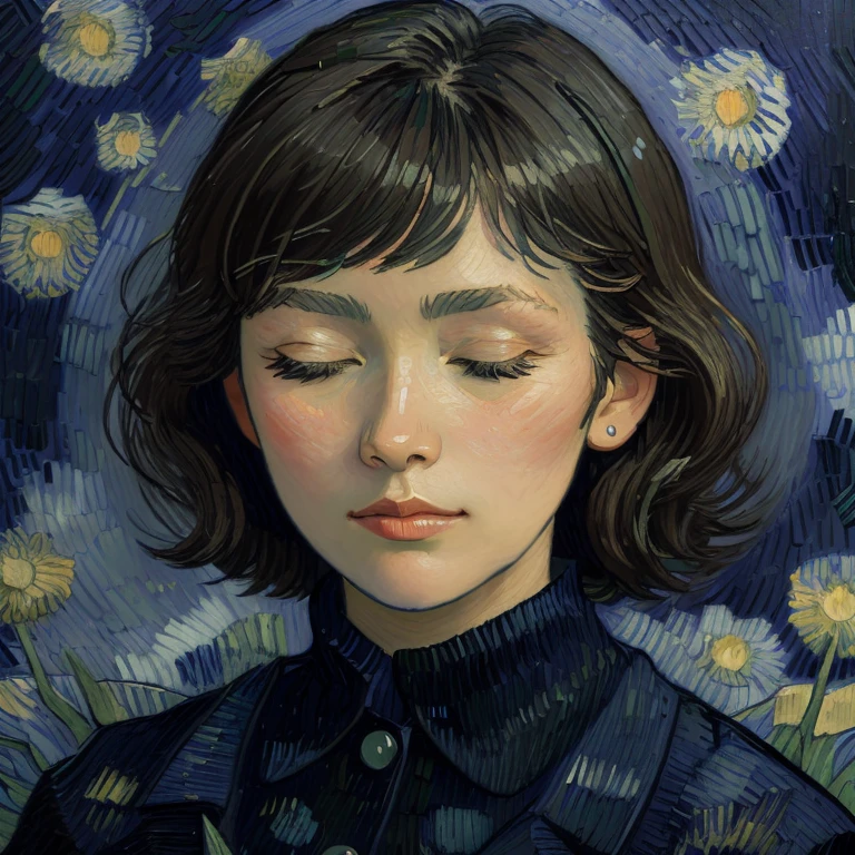 face closeup,closed eyes,brunette,dark theme, detailed skin, empty background,van gogh,impressionism,