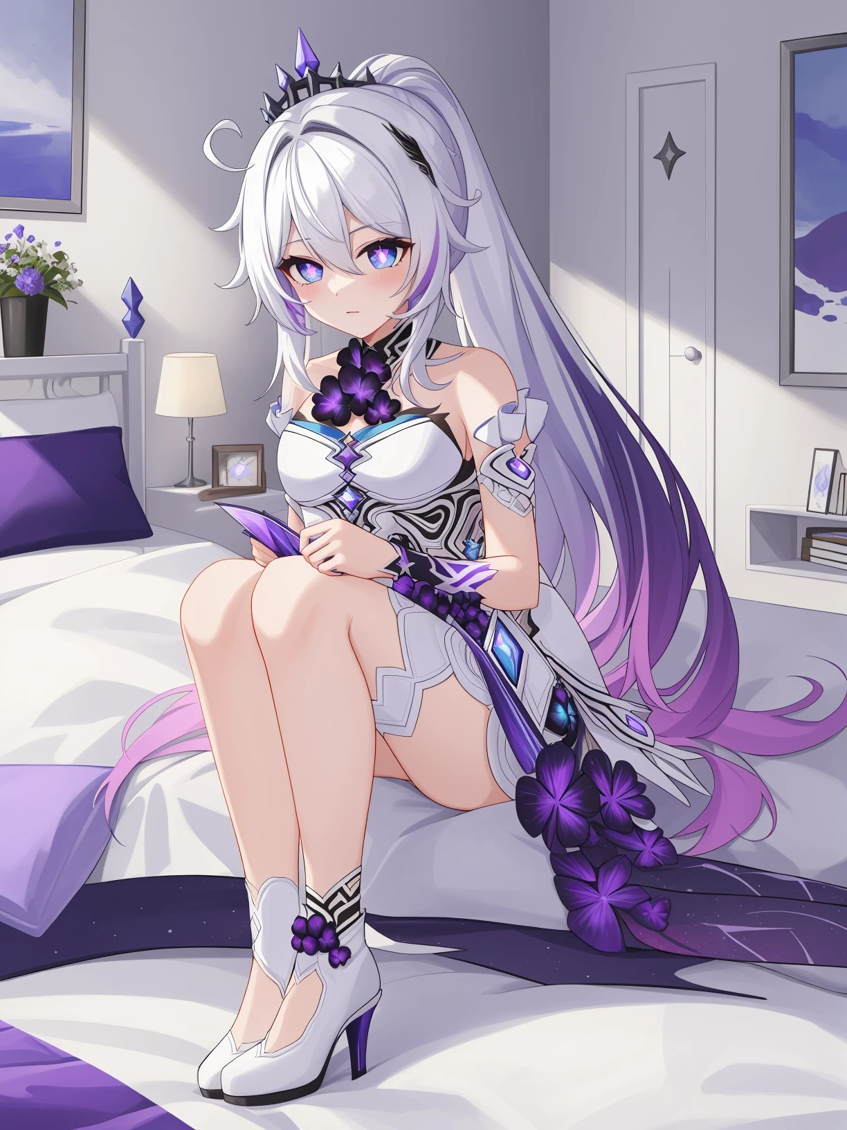 kiana kaslana,kiana final,+_+,blue eyes,purple pupils,white gradient purple dress,purple wings,black hair ornament,silver crown,high heels,black flowers,white footwear,ponytail,
bedroom,indoors,
<lora:kiana2-000010:0.9>,, 1girl,
,  (masterpiece,best quality:1.2),absurdres