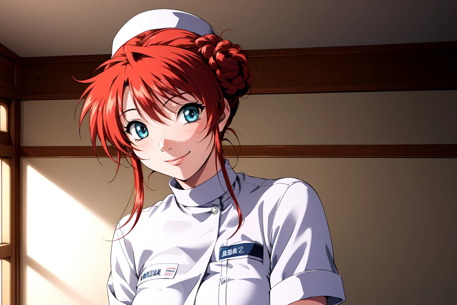 (RAW photo, best quality), 1girl,  natural lighting,,  <lora:innai_kansen_sonoda_itsumi_v2_2-000003:0.8>, soneda itsumi, nurse, smile,