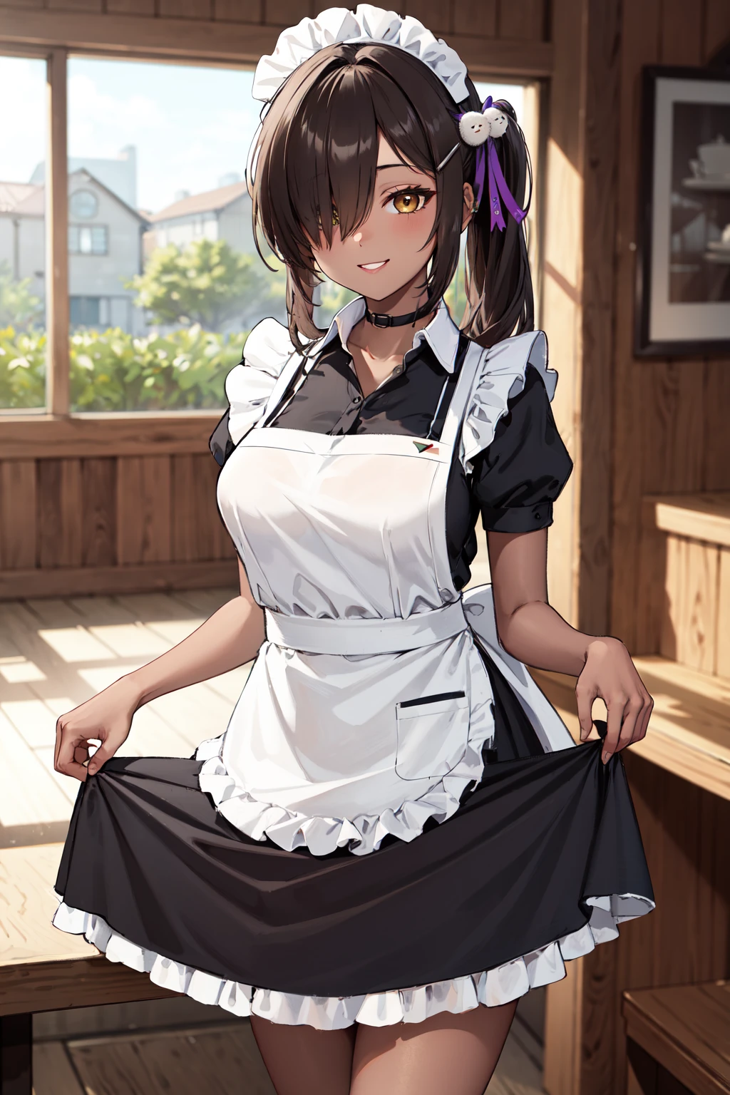 masterpiece,best quality,highres,ultra-detailed,aanaga,dark-skinned female,long hair,side ponytail,hair over one eye,hairclip,hair ribbon,hair ornament,black choker,large breasts,<lora:naga_(nikke):0.7>,indoors,cafe,maid,maid headdress,apron,(skirt hold:1.2),standing,cowboy shot,smile,