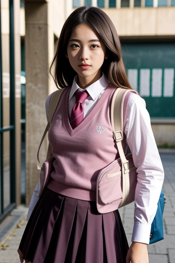 school uniform, necktie, backpack, pink vest, sweater vest, collared shirt, long sleeves, pleated skirt, pantyhose
<lora:Pink_Purple_School_Dress_By_Stable_Yogi:1>