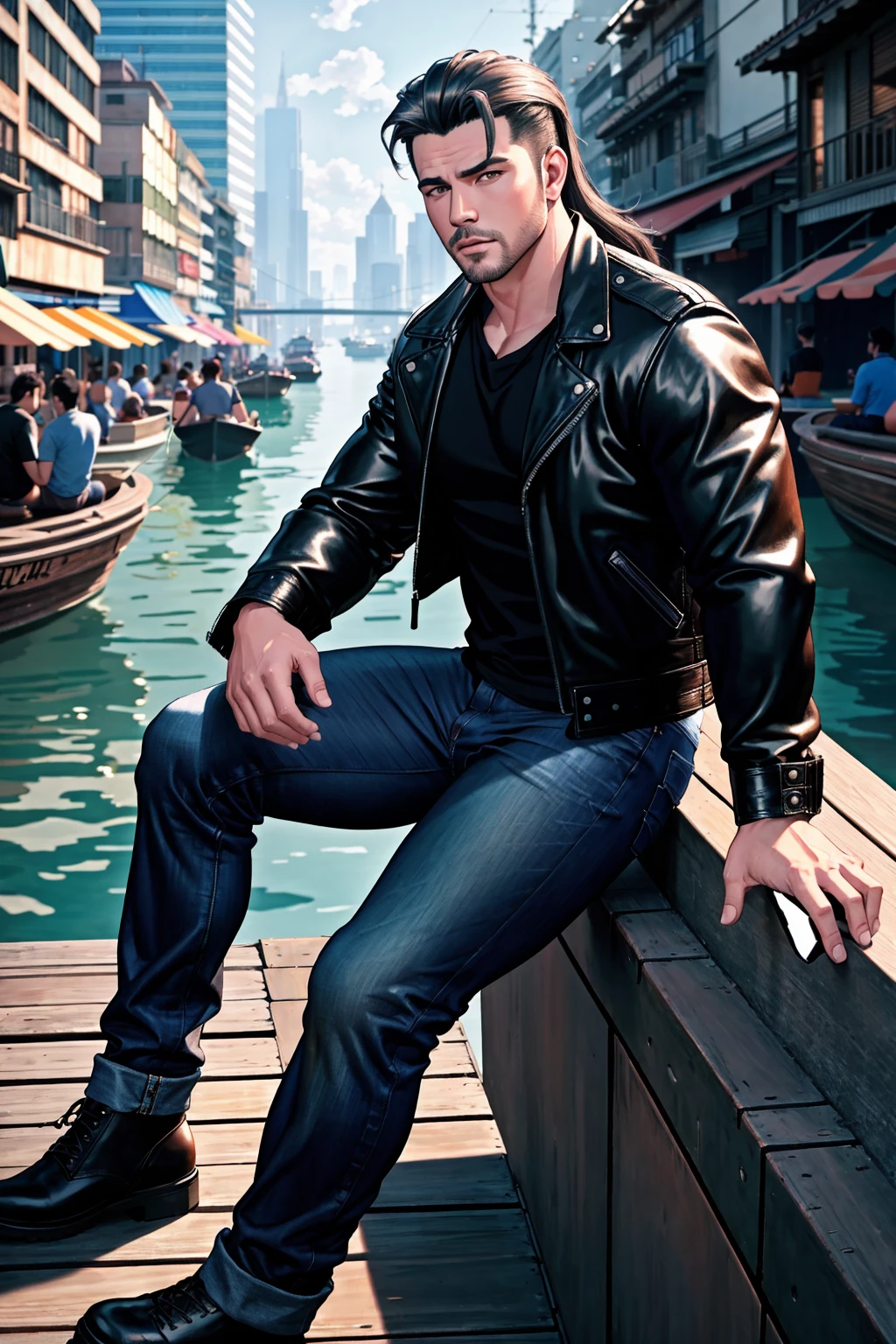 masterpiece of photorealism, photorealistic highly detailed professional 8k raw photography, best hyperrealistic quality, volumetric real-time lighting and shadows, Split Screen Shot, Male Hipster, Muscular and Bulky Body Shape, Leather Jacket and Jeans, Mullet, Sitting on a Ledge, Floating Markets full of busy people