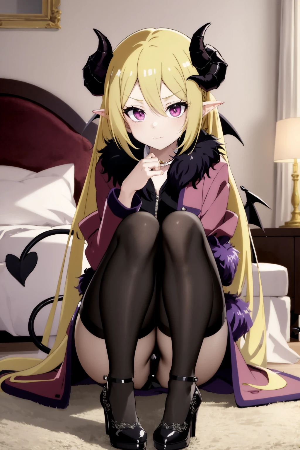 (exceptional,best aesthetic,new,newest,best quality,masterpiece,extremely detailed,anime:1.2),1girl,(((demon tail))),purple fur coat,wings,purple coat,purple fur-trimmed jacket,fur coat,winter coat,black dress,black leather dress,demon,horns,demon horns,demon wings,demon tail,demon wings,demon wings,blonde hair,pink eyes,black leather dress,purple fur coat,pantyhose,high heels,mansion bedroom,white gloves,inside,sitting,indoors,embroidery,embroidery,silk,white heels,forked tail,spade tail<lora:SilvermoonMix02_V73:1>