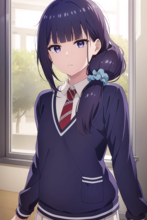 misuzugundou, <lora:misuzu gundou s1-lora-nochekaiser:1>,
misuzu gundou, long hair, bangs, black hair, hair ornament, blunt bangs, scrunchie, hair scrunchie, blue scrunchie, (purple eyes:1.1),
BREAK school uniform, necktie, sweater, red necktie,
BREAK indoors, classroom,
BREAK looking at viewer, (cowboy shot:1.5),
BREAK <lyco:GoodHands-beta2:1>, (masterpiece:1.2), best quality, high resolution, unity 8k wallpaper, (illustration:0.8), (beautiful detailed eyes:1.6), extremely detailed face, perfect lighting, extremely detailed CG, (perfect hands, perfect anatomy),