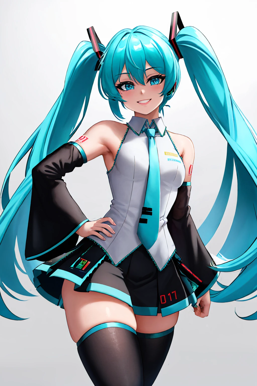 (masterpiece, best quality:1.2), solo, 1girl, hatsune miku, smile, looking at viewer, hand on hip, twintails, sleeveless shirt, necktie, detached sleeves, skirt, thighhighs <lora:style_cslucaris-12:1>