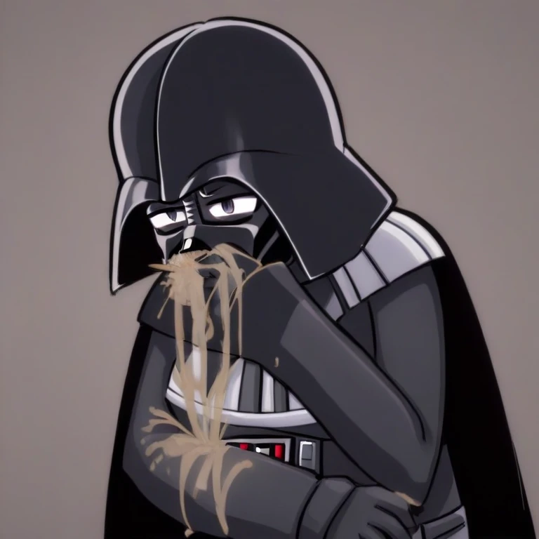 (vomit chan:1.3), anime drawing of woman darth vader with mask, (puking:1.2) through her hand covering her mouth, messy, barf,<lora:vomitChan_v1_SDXL:1.5>