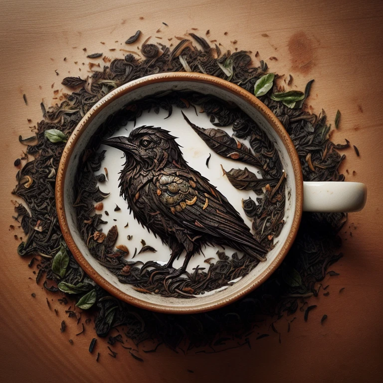 tea leaves forming the shape of a raven on the bottom of an empty tea cup  <lora:Tea_Leaf_Reading_Style_SD15:1.0>