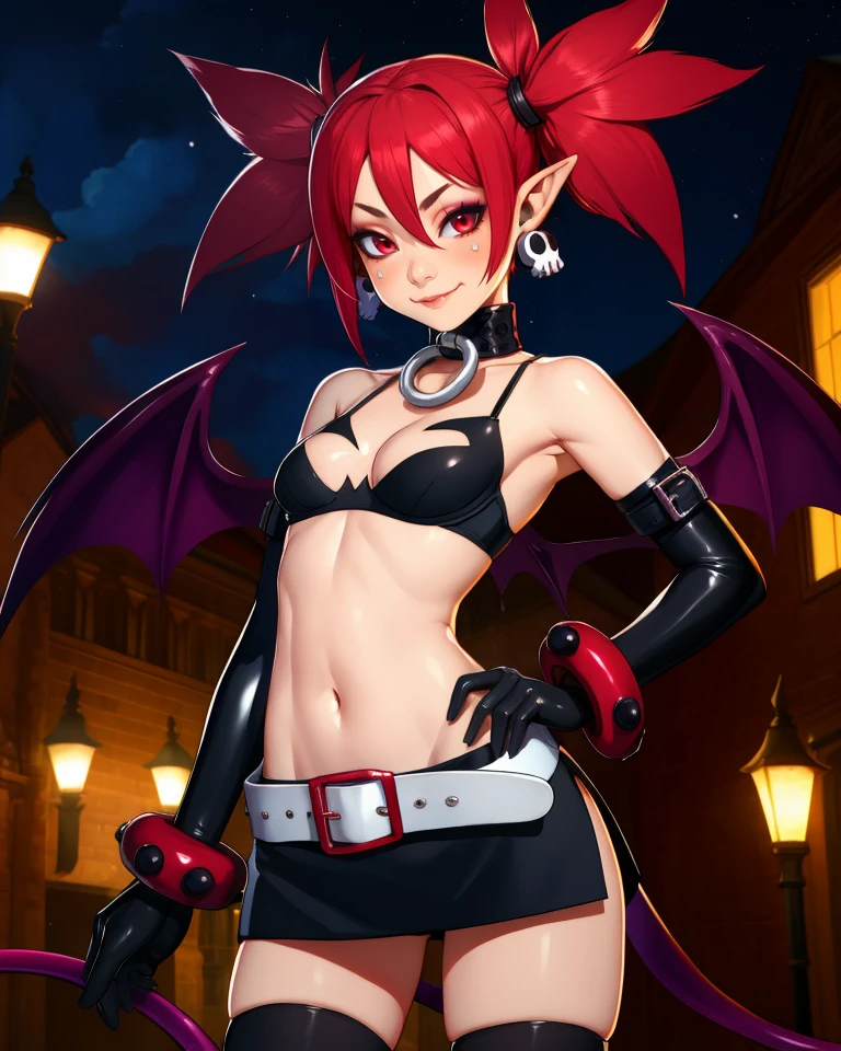 Etna,red hair,twintails,pointy ears,cleavage,
gloves,jewelry,choker,thighhighs,black elbow gloves,belt,miniskirt,bangels,bare shoulders,midriff,bra,skull earrings,small bat wings,demon tail,
standing,evil smile,
outdoors,night,
(insanely detailed, beautiful detailed face, masterpiece, best quality),<lora:Etna-10Dv8:0.8>,