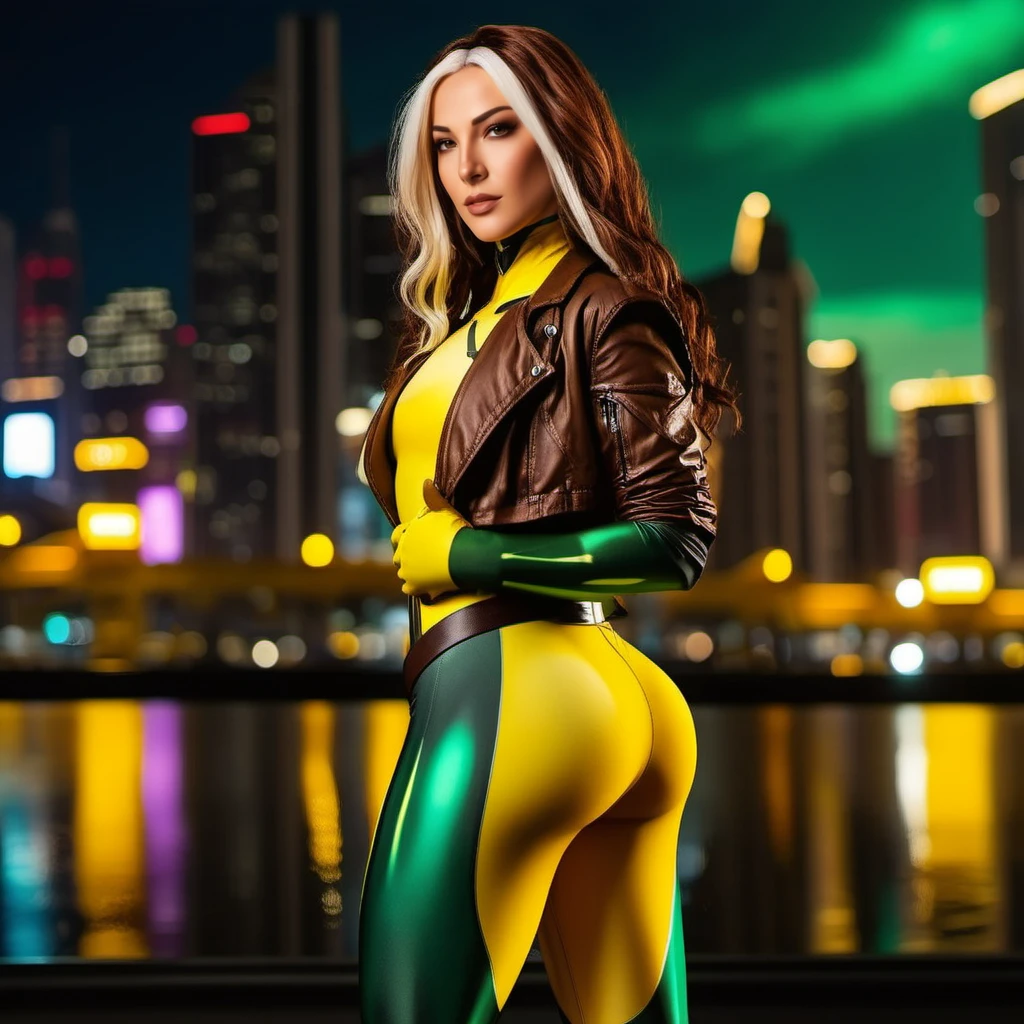 Rogue1024, a woman full body,  wears a yellow and green superhero suit and a jacket, cyberpunk city background, highly detailed,  photography, ultra sharp, film, professional, 64k  <lora:add-detail-xl:1.5> <lora:Rogue1024:0.8>